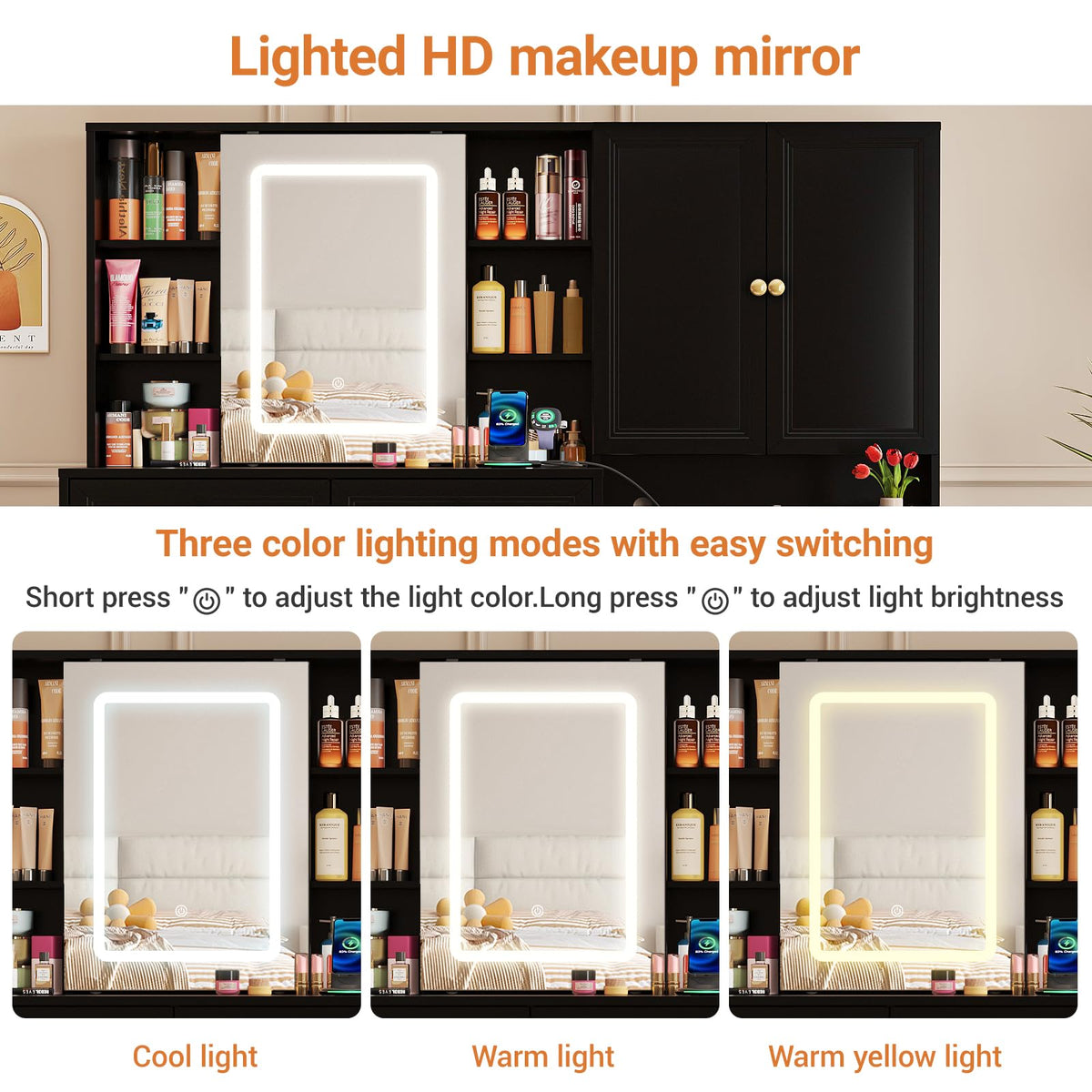 Black Vanity Desk with LED Sliding Mirror