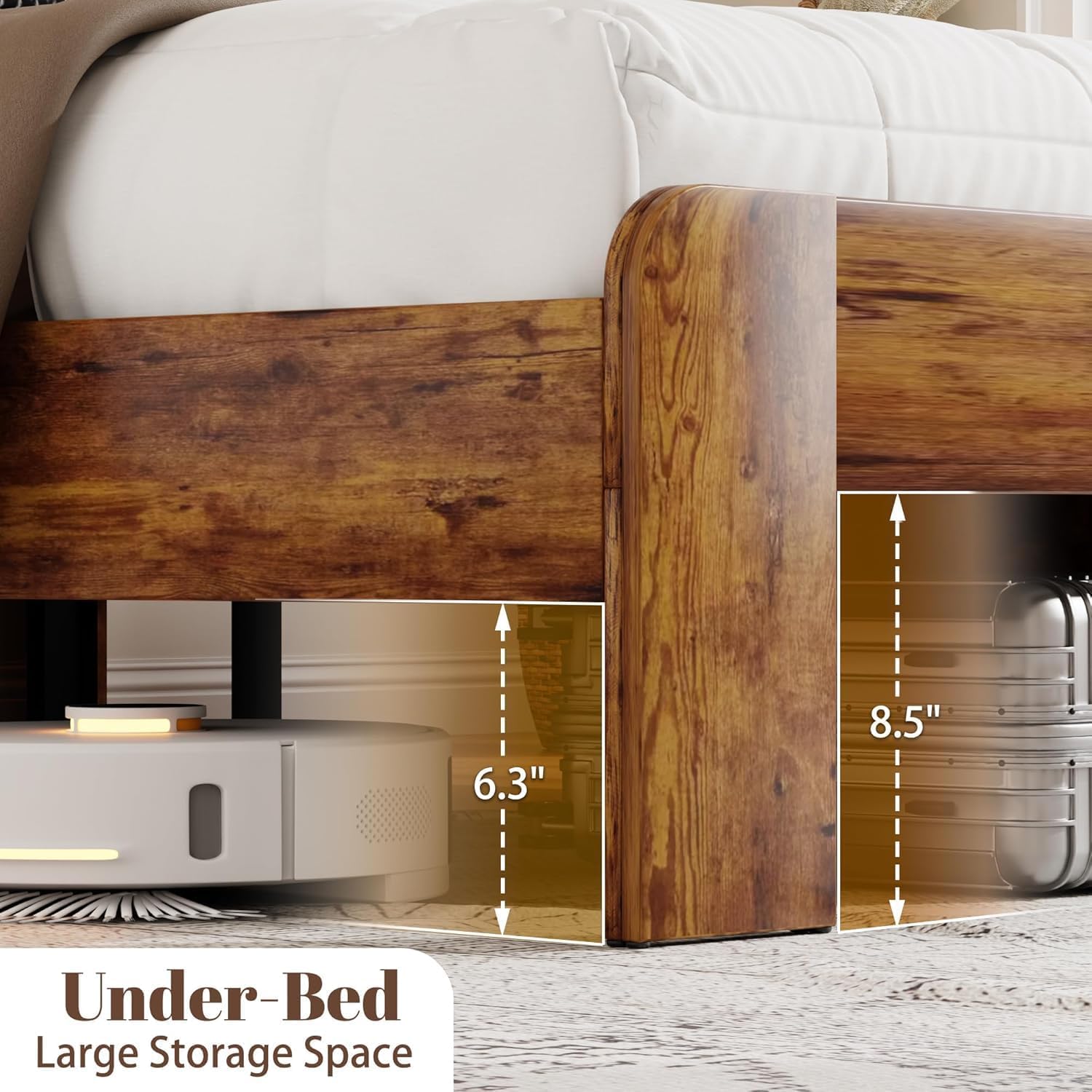 PAUKIN Queen Bed Frame, Queen Size Bed Frame with Storage Headboard, Platform Bed Frame with Charging Station and LED Lights, Sturdy Wooden Slats, No Mattress Required, No Noise，Brown