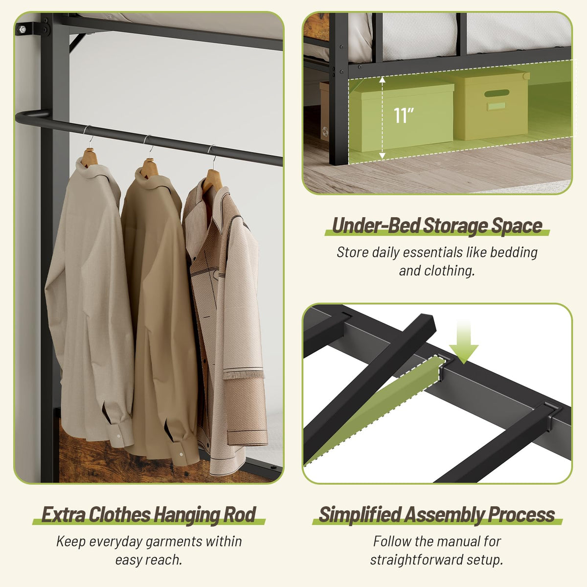 STHYTON Bunk Bed Twin Over Twin with High Guardrail, Metal Bunk Bed