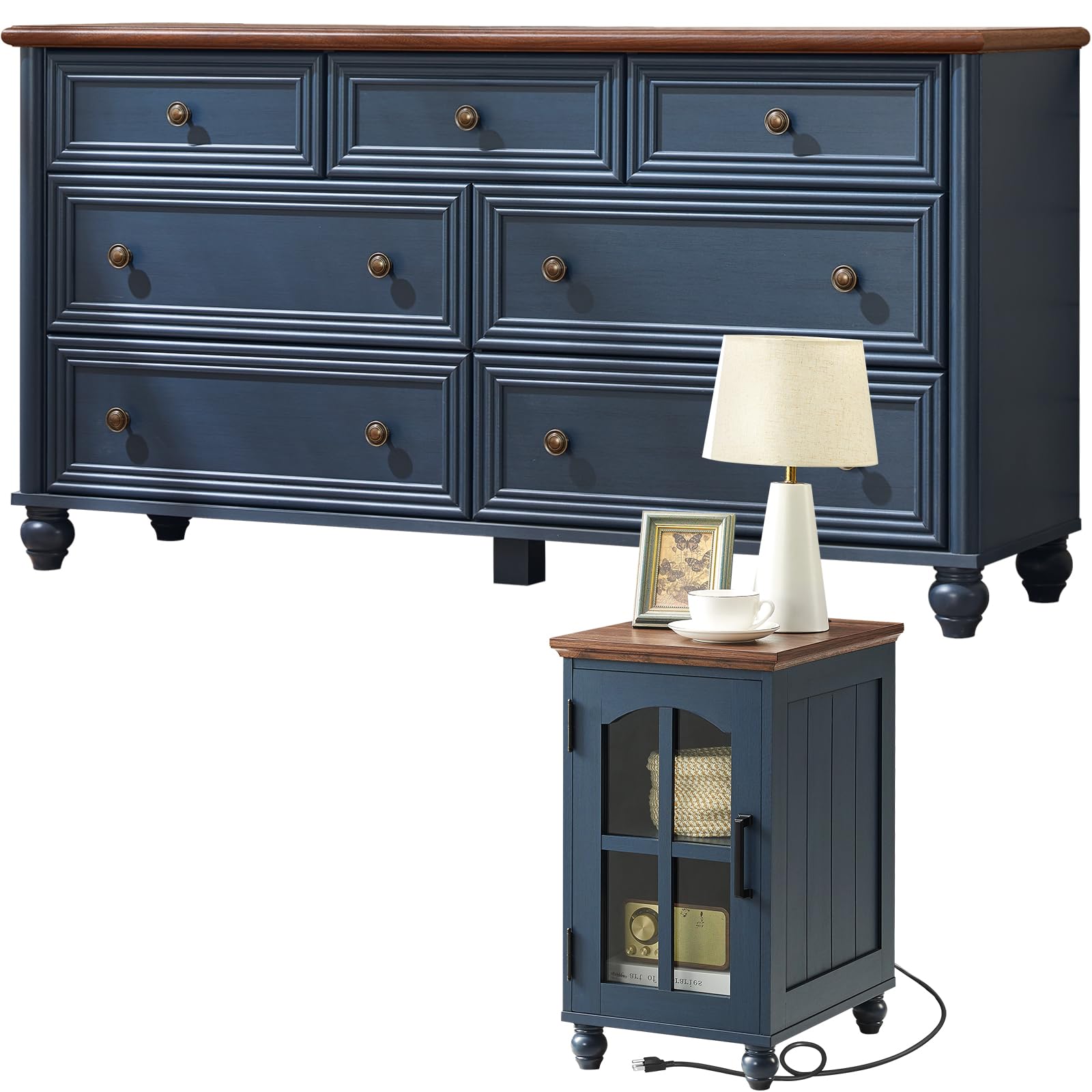 RWYHG Farmhouse Dressers and Nightstand Set of 2, Wood 54" Wide 7 Drawer Dresser 14'' Narrow Side Table with Charging Station, Roman Column Bedroom Furniture Dressers Sets for Home Living Room Hallway