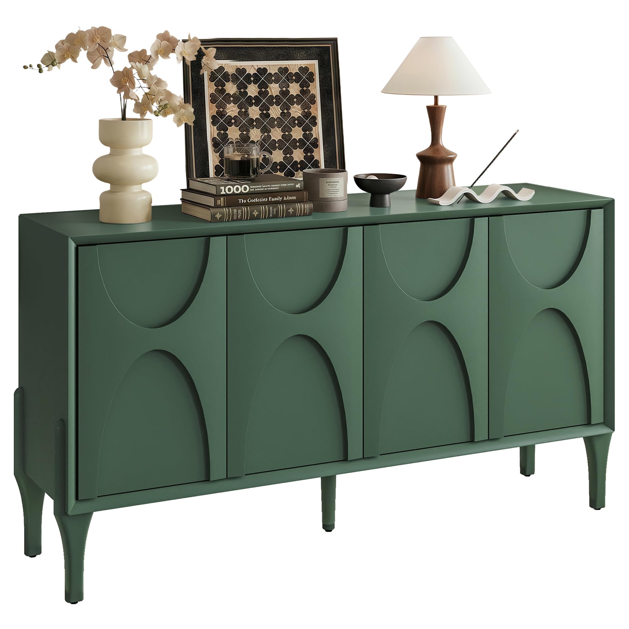 SZTHHDF 59" Sideboard Buffet Cabinet with Storage, Mid-Century Modern Storage Cabinet Accent Buffet Sideboard with Adjustable Shelves & Solid Wood Legs Large Credenza for Living Room (Green)