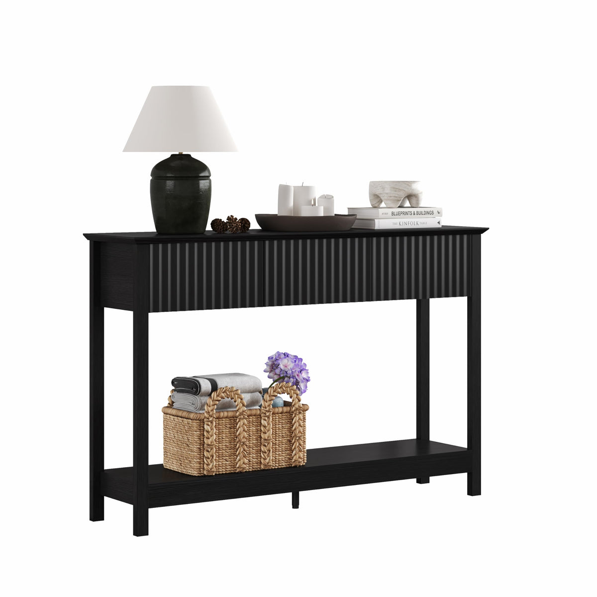Treocho 47" Fluted Console Table with 3 Drawers and Storage Shelf