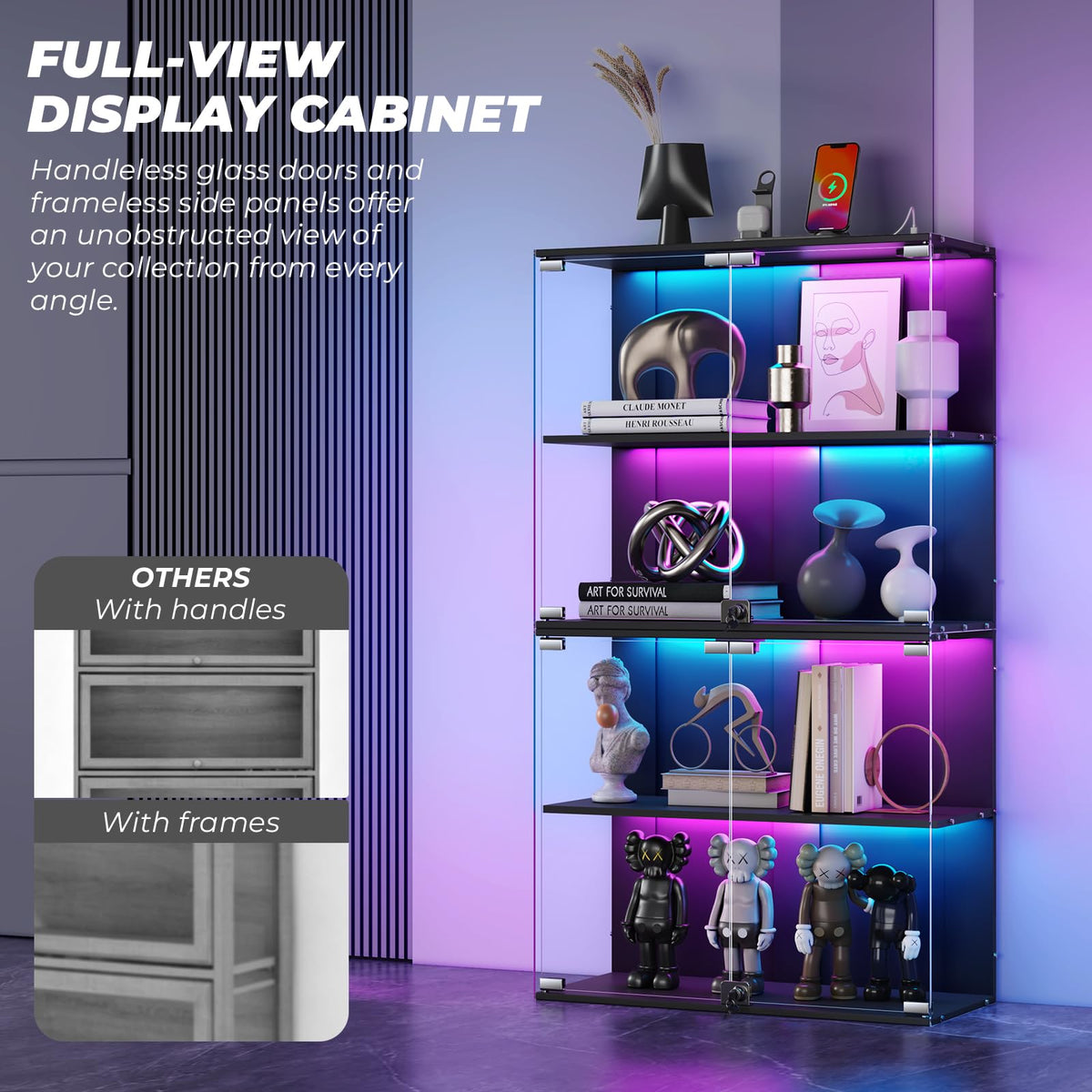 VersionTECH. Glass Display Cabinet with RGB Light, 4-Tier Curio Cabinets