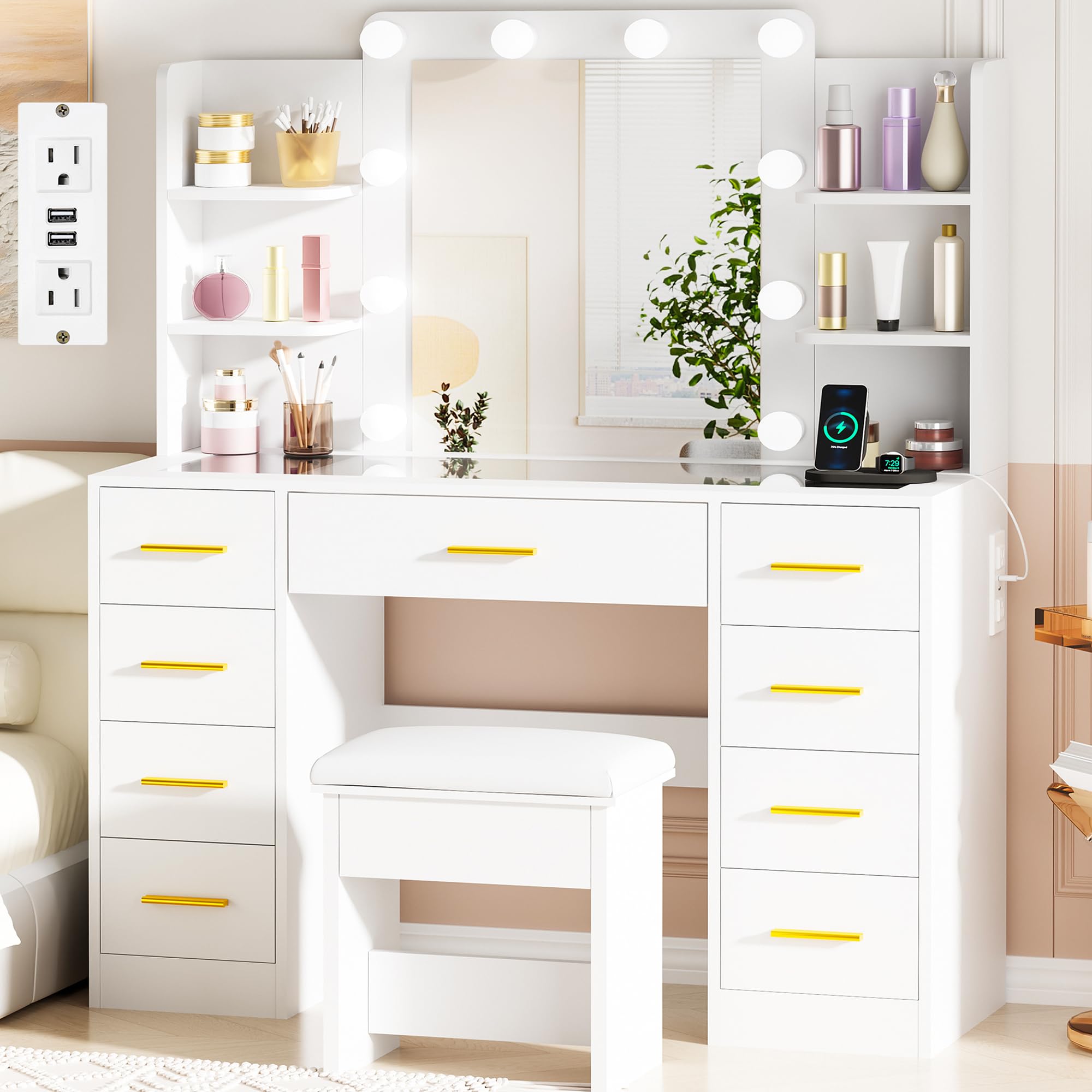 Vanity Desk with Mirror, Lights & Stool
