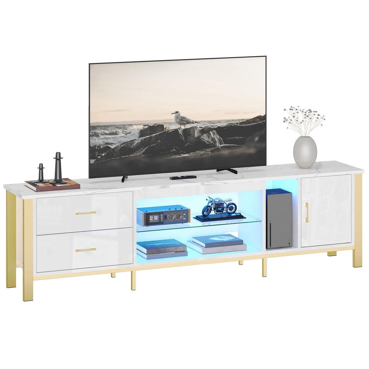 Bestier TV Stand for 75/80/85 inch TVs, LED Gaming Entertainment Center, Media Console with Glass Shelves for Living Room, 2 Storage Drawers & Cabinets for Bedroom, White Glossy