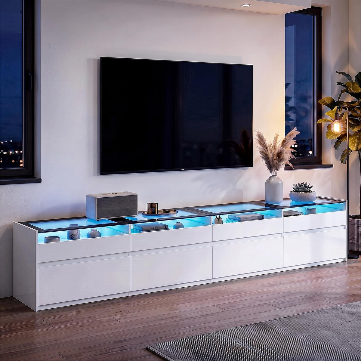 UANRBOA 94.5" TV Stands for Living Room, TV Console with LED Lights, White