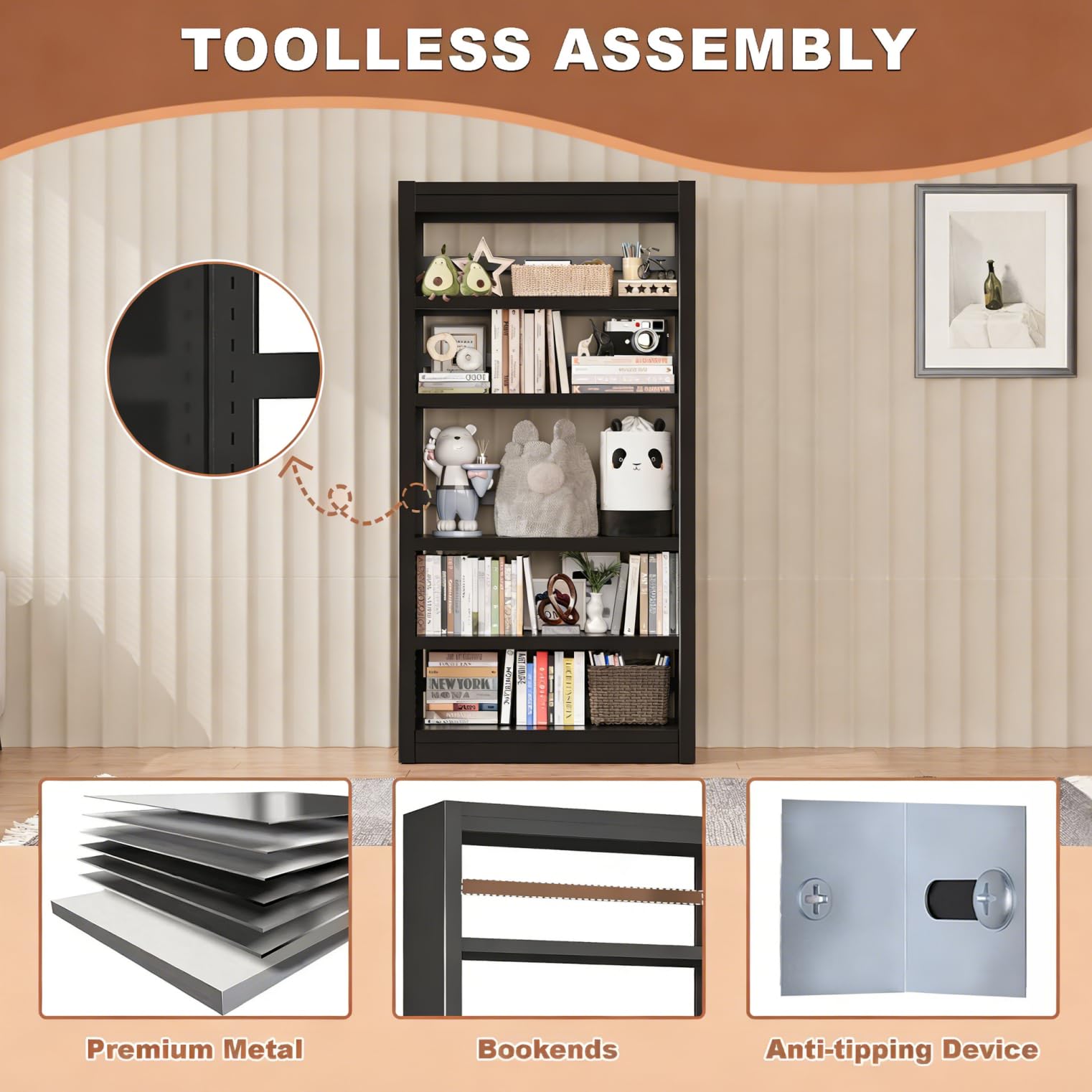 Bookshelf, 69" H Tall Metal Book Shelf, Heavy Duty Modern Book Shelves, 5 Tier Black Bookcase with Adjustable Shelves for Living Rooms, Home Offices, Library, 10 Minutes Assemble