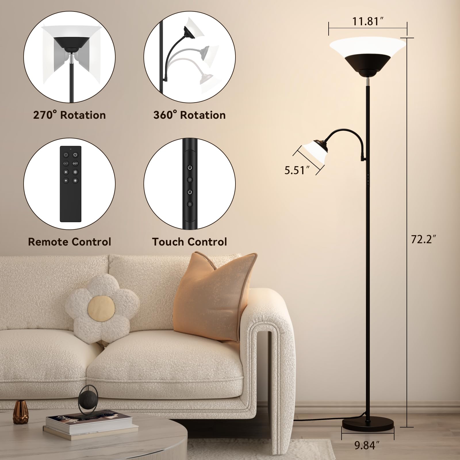 SIBRILLE 2-in-1 Torchiere Floor Lamp, 34W Super Bright LED Standing Lamp with Remote & Touch Control, 72" Dimmable Adjustable Corner Reading Lamp for Living Room, Bedroom, Office, Black