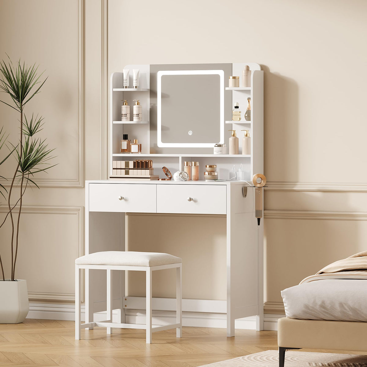 Makeup Vanity with LED Mirror and Stool