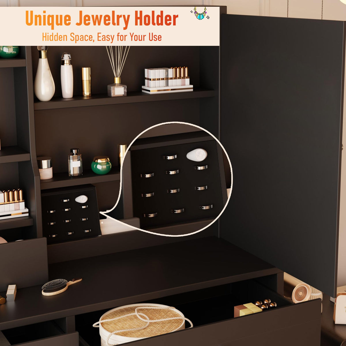 DYHOME Makeup Vanity Desk with LED Lights Mirror, Vanity Table Set Black