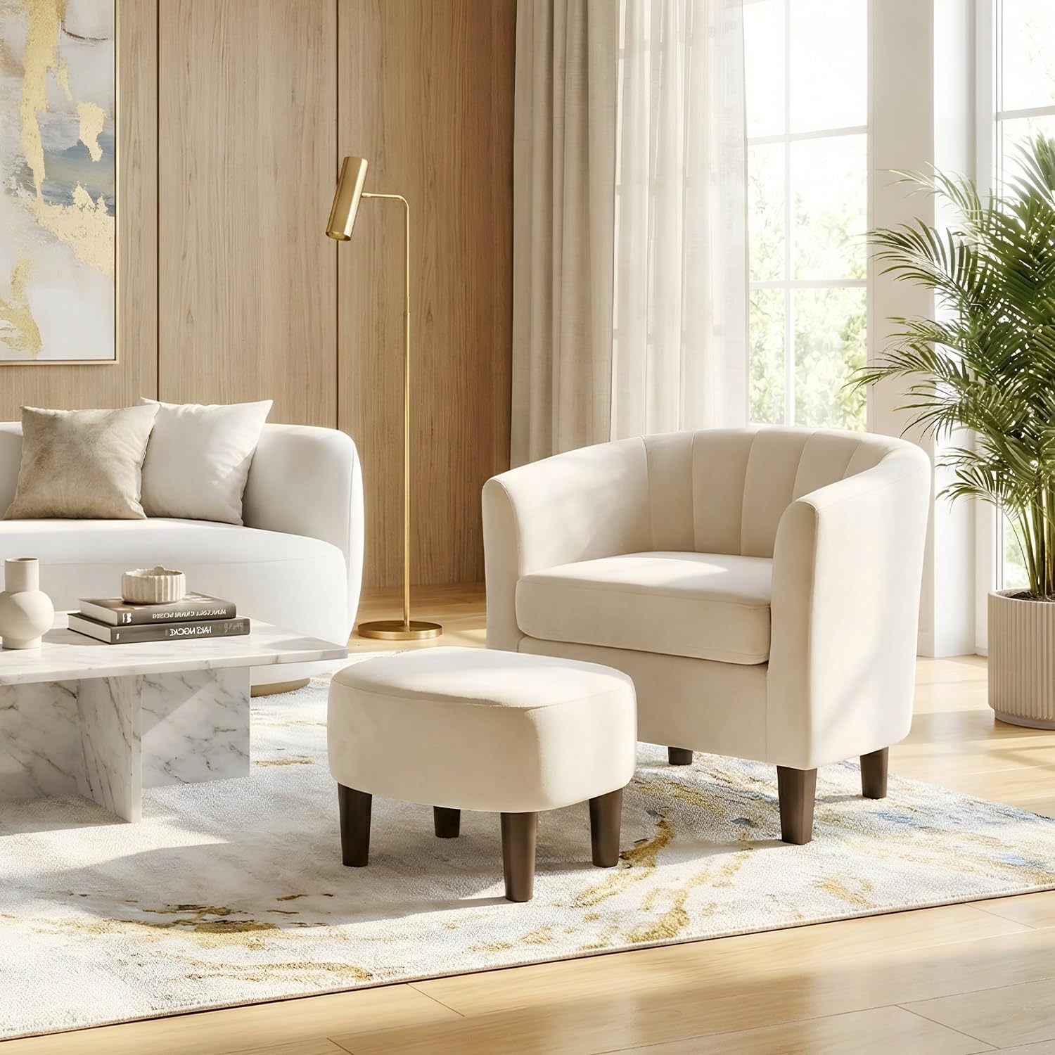 FDW Velvet Barrel Accent Chair with Ottoman, Modern Armchair with Ottoman Set, Comfortable Reading Chair for Living Room, Bedroom & Apartment Lounge, Beige