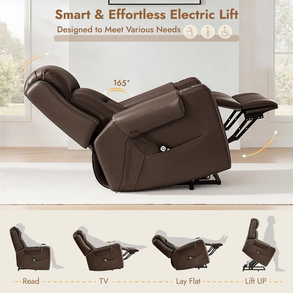 Watson & Whitely Genuine Leather Power Lift Recliner Chair, Lay Flat, Brown
