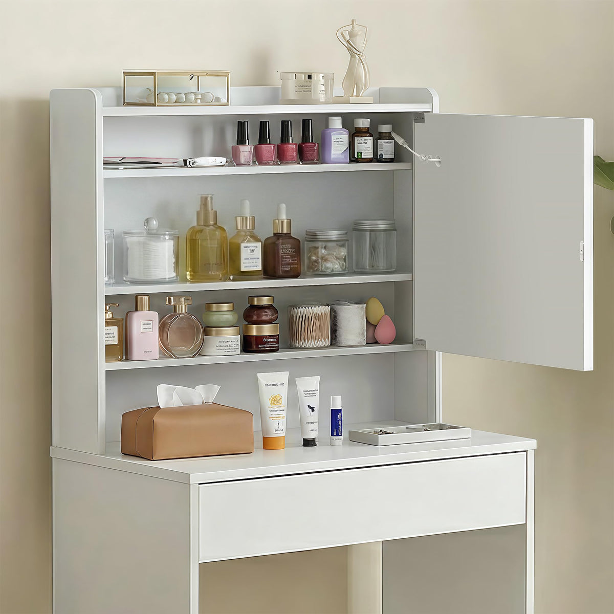 RIHHA Small Vanity Desk with Lighted Mirror & Charging Station, 24" White Makeup Vanity Table Set with Top Shelf & Hidden Storage, Compact Mini Dressing Desk with Stool for Bedroom, Girls, Teens