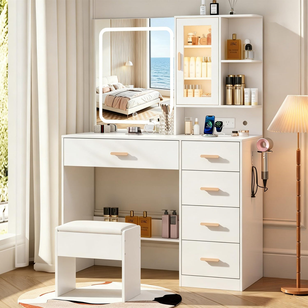 BZK Vanity Desk with LED Lights Mirror, White Makeup Vanity Set with 5 Drawers, Tempered Cabinet, Charging Station, Hair Dryer Rack & Cushion Stool, Dressing Table - Modern Bedroom Furniture