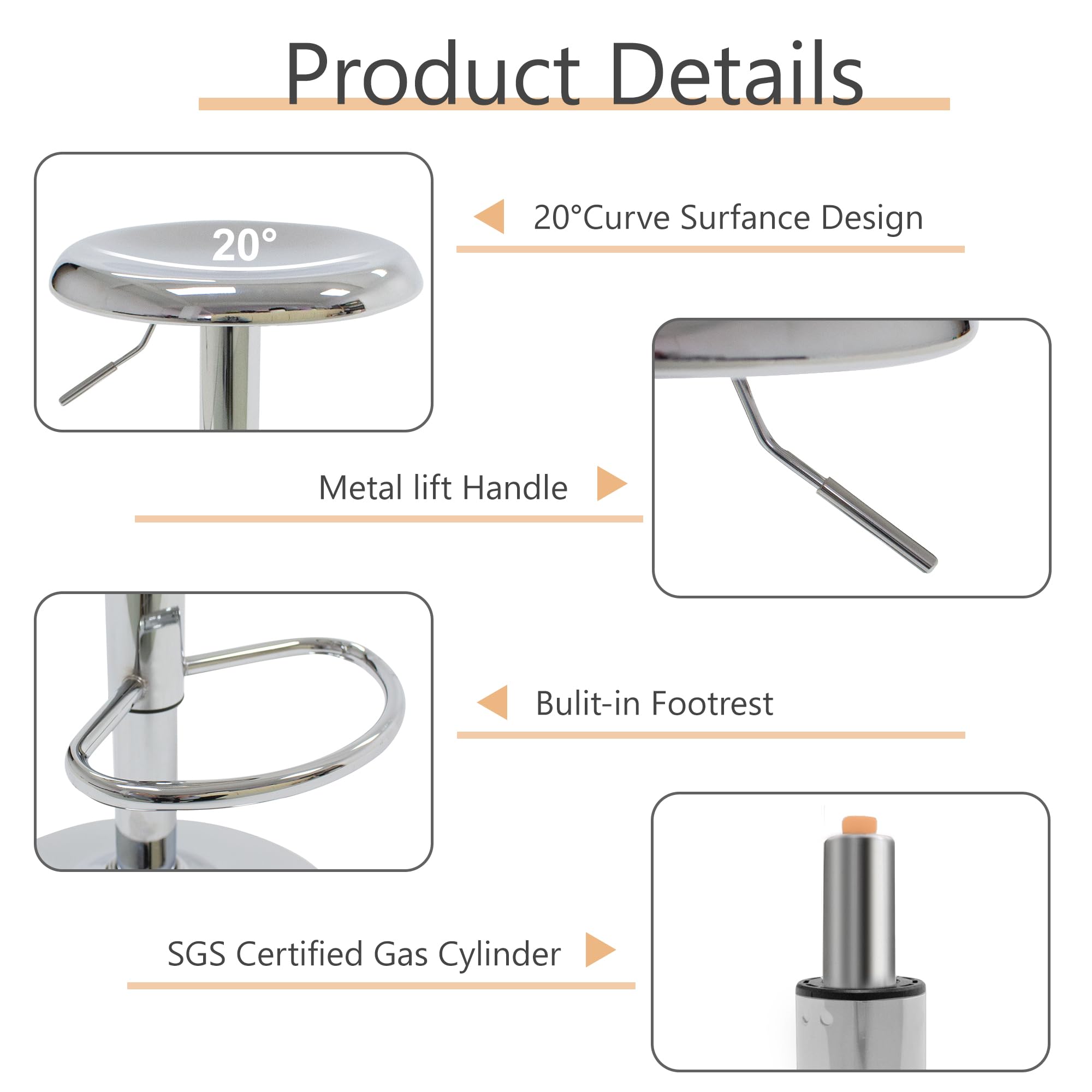 CAROLMADE Bar Stools Set of 2, Adjustable Metal Bar stools Swivel Counter Height Stool Backless Barstools for Kitchen Island Pub, Chrome