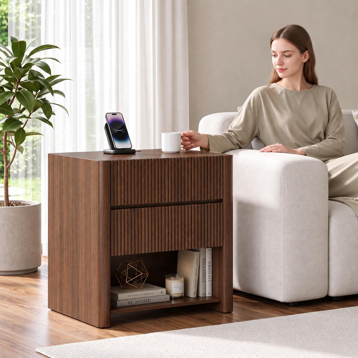 Apicizon 23.6'' Wide Fluted Nightstand with Charging Station, Walnut