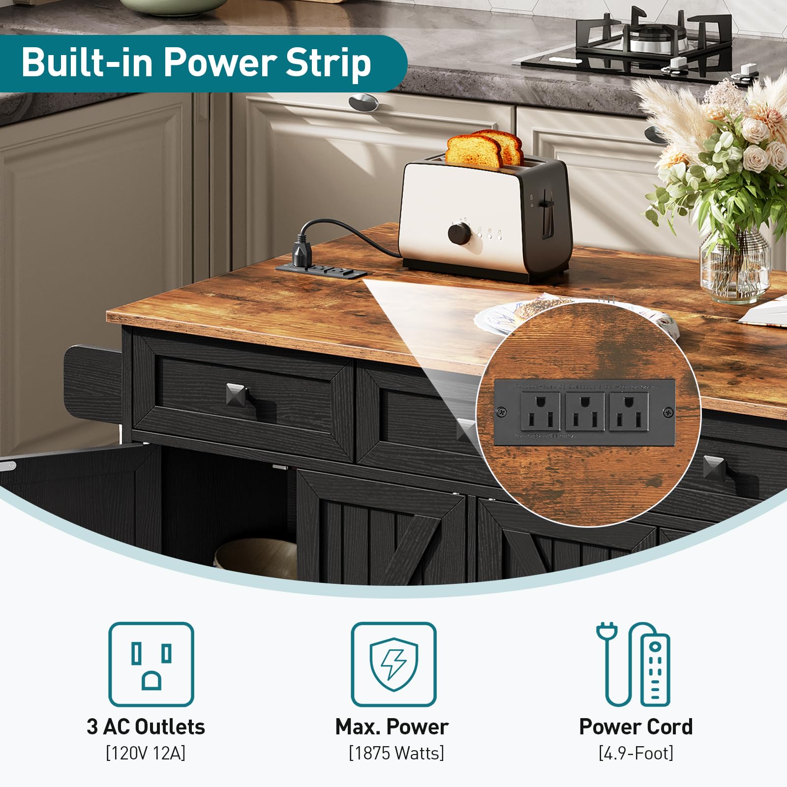 Kitchen Island Cart with Drop Leaf & Power Outlet