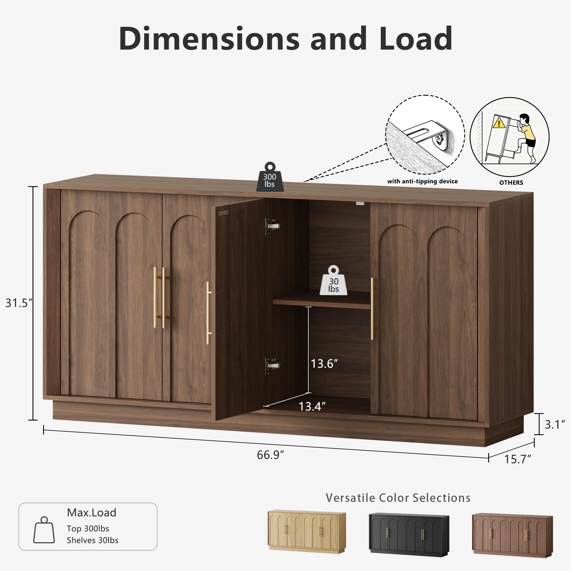 FORTUNETEC Sideboard Buffet Cabinet with Storage, Mid Century Modern Accent Cabinet with Arched Doors, Modular Media Console, Minimalist Credenza for Living Room Kitchen Dining Room Entryway, Walnut