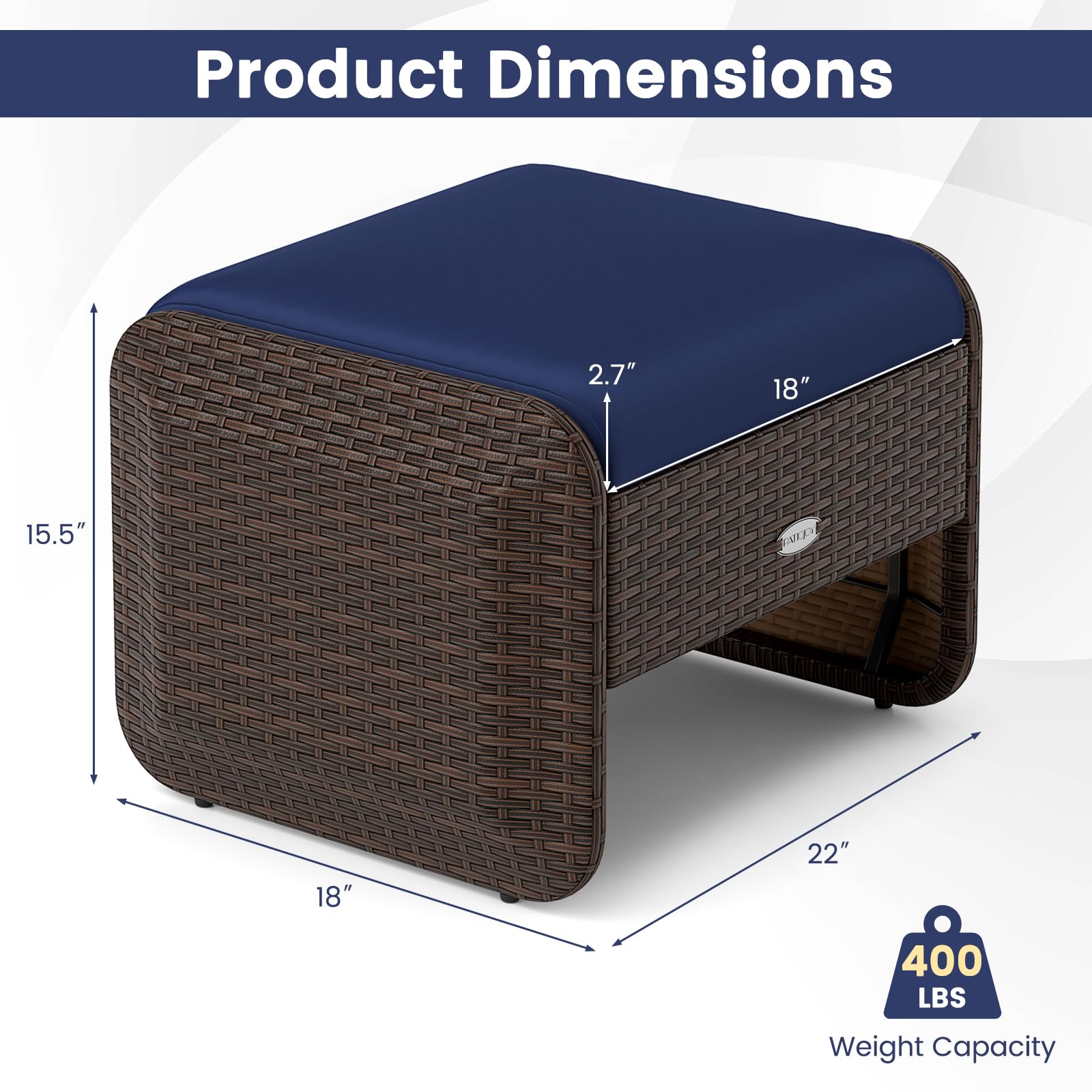 Outdoor PE Rattan Ottoman Set of 2 with Cushions