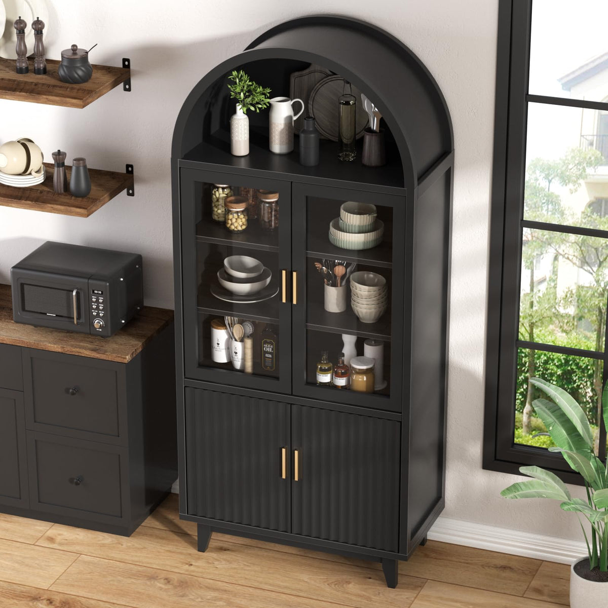 FiveWillowise Kitchen Pantry Cabinet with Glass Doors, Arched Design, Black