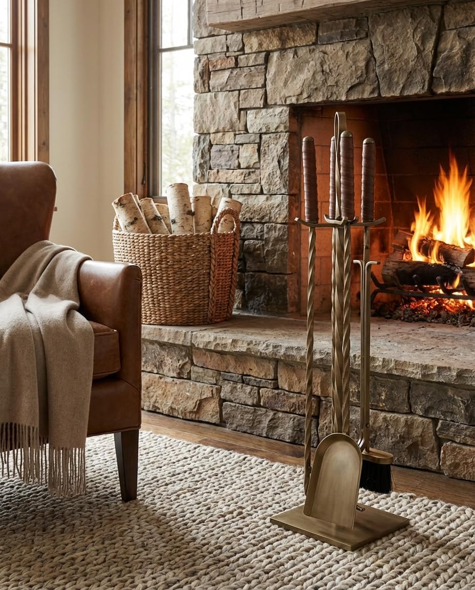5-Piece Wrought Iron Fireplace Tool Set with Leather Handles