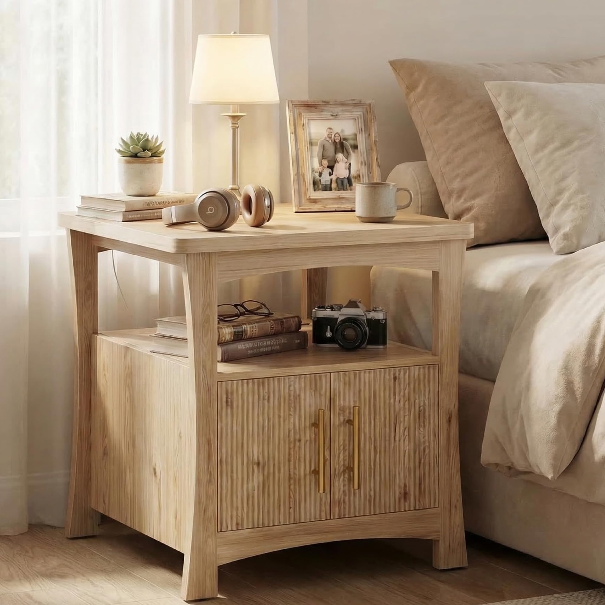 LIKIMIO Nightstand with Charging Station, Wood Night Stand, 23.6inch Large Bedside Table with Storage, End Table for Bedroom, Oak