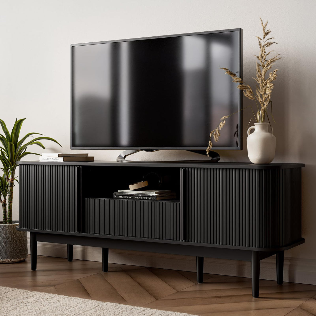 Fluted Sliding Door TV Stand