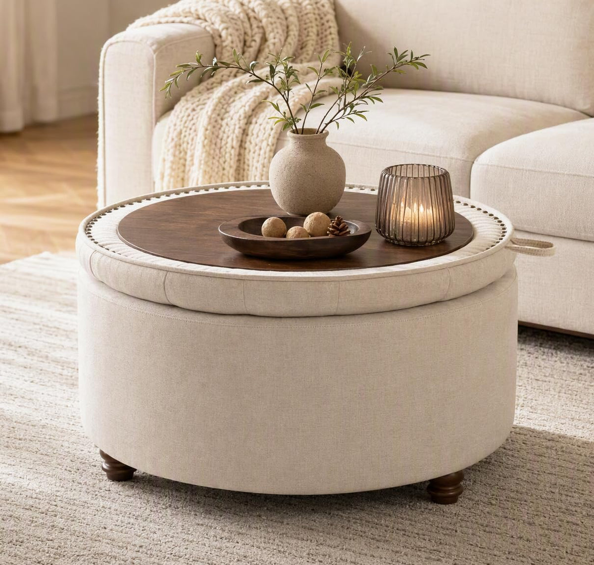 Round Chenille Storage Ottoman