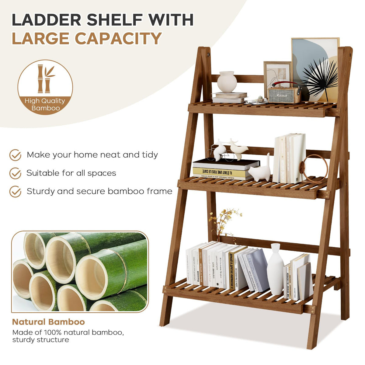 Ladder Shelf, Foldable Plant Shelf Stand, 3-Tier Bamboo Bookshelf, 39.4In