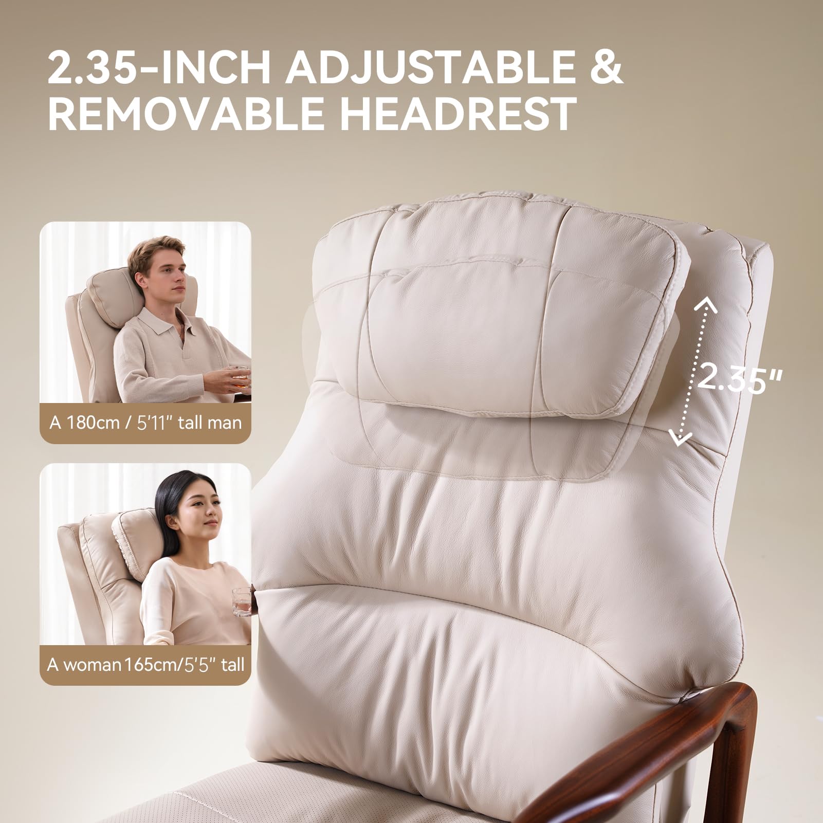 EMIAH M7 Power Recliner Chair for Adults with Adjustable Lumbar Support & 5-Min Rhythmic Stretch, 160° Reclining Faux Leather Accent Chair with Adjustable Headrest for Living Room Home Theater(Beige)