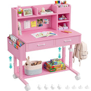 Pink Kids Desk with Hutch, 32" Height Adjustable Mobile Rolling Girls Desk