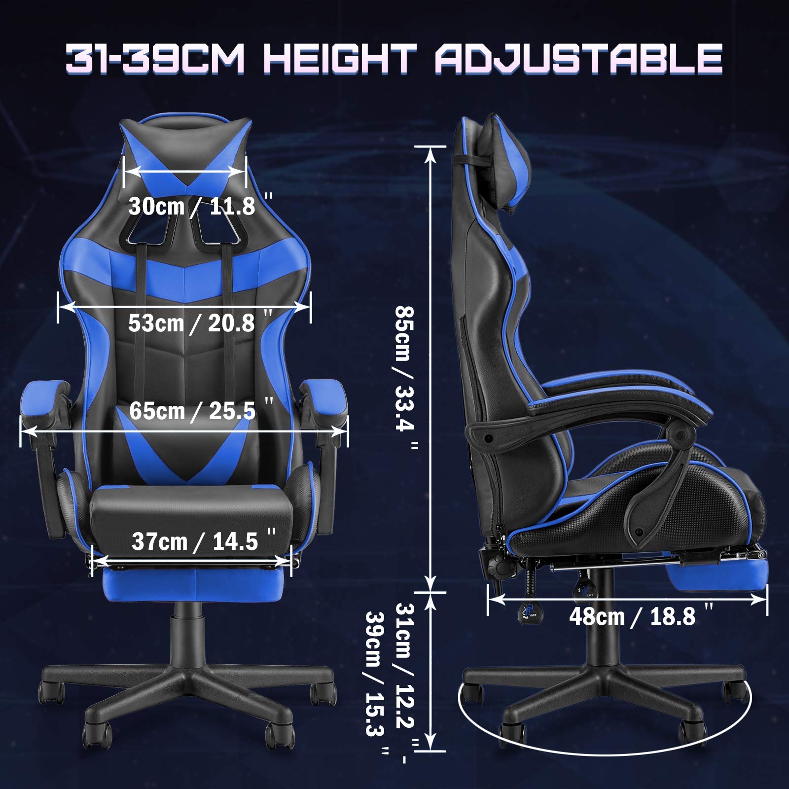 Huracan Gaming Chair with Footrest, Ergonomic Computer Chair Lumbar Support, Adjustable High Back Recliner for Adults, Racing Style Video Gaming Chairs, for Home Office Streaming, Blue