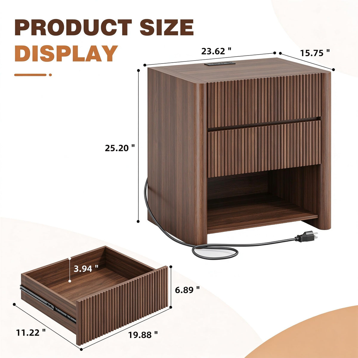 Apicizon 23.6'' Wide Fluted Nightstand with Charging Station, Walnut
