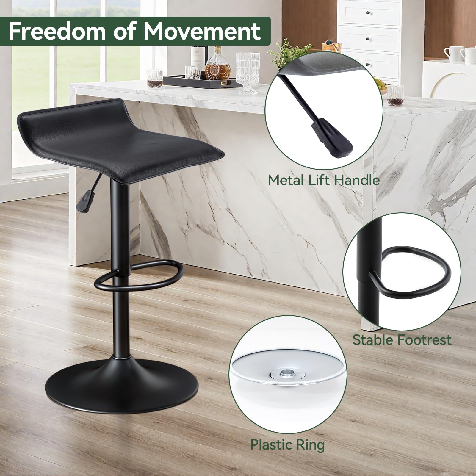 Vogue Furniture Direct Adjustable Bar Stools Set of 2, Modern Swivel PU Leather Airlift Barstools, Backless Kitchen Counter Height Bar Chair for Dining Room (Black, Black Base)