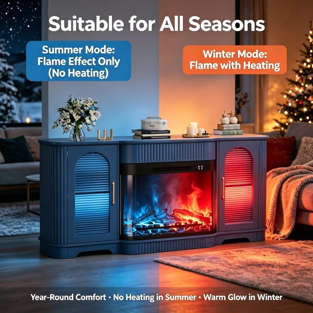 RNLRNL 70" Fluted TV Stand with 30" Curved Electric Fireplace, Navy Blue