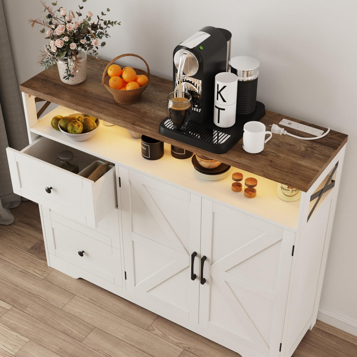 Befrases Farmhouse Buffet Cabinet with Drawers & Open Shelf