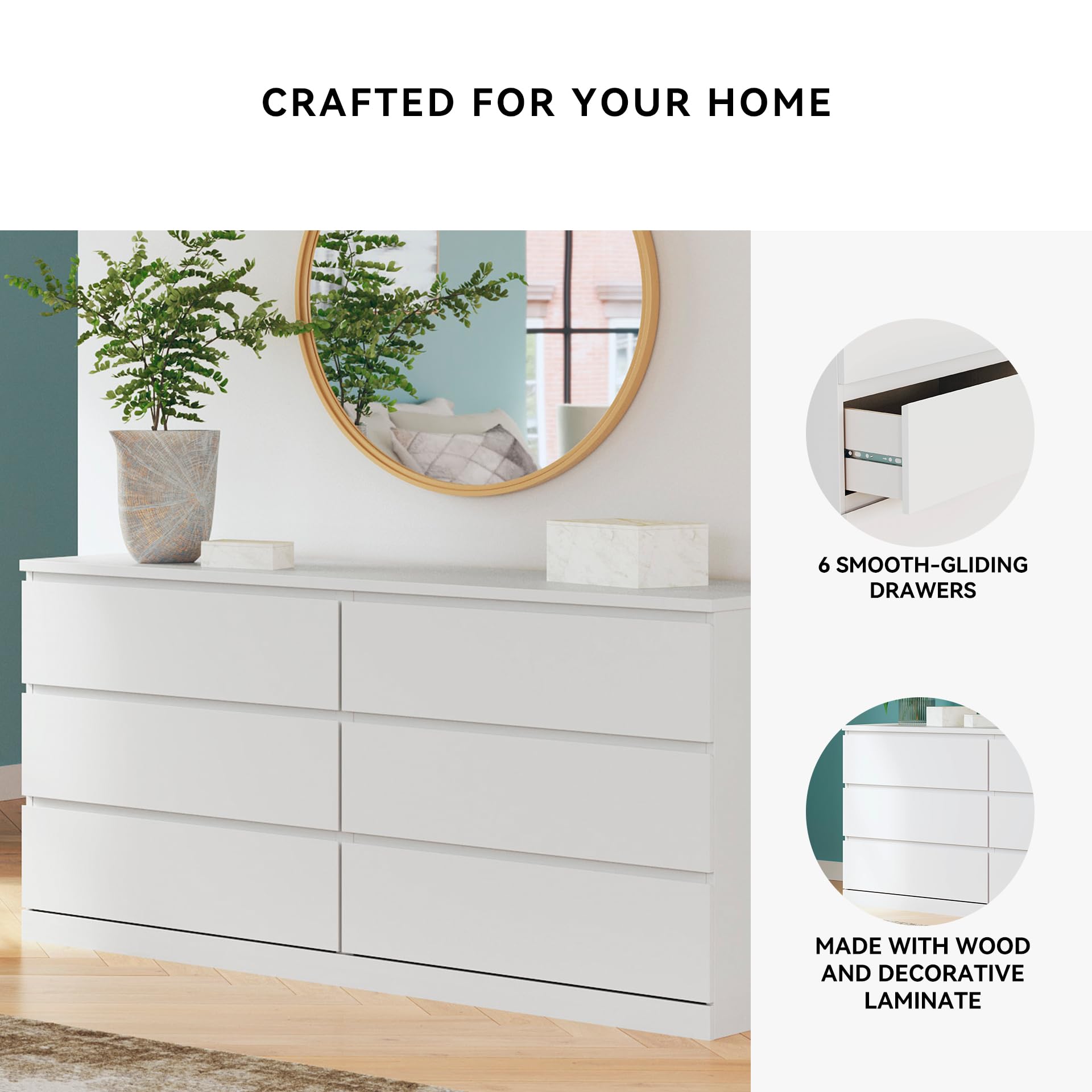 Signature Design by Ashley Onita Modern Dresser with 6 Smooth-Gliding Drawers, Meets ASTM International Safety Standards, White, 59.76' W x 19.29' D x 30.67' H