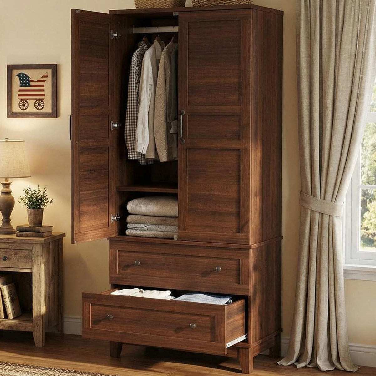 Walnut Wardrobe Armoire with Drawers