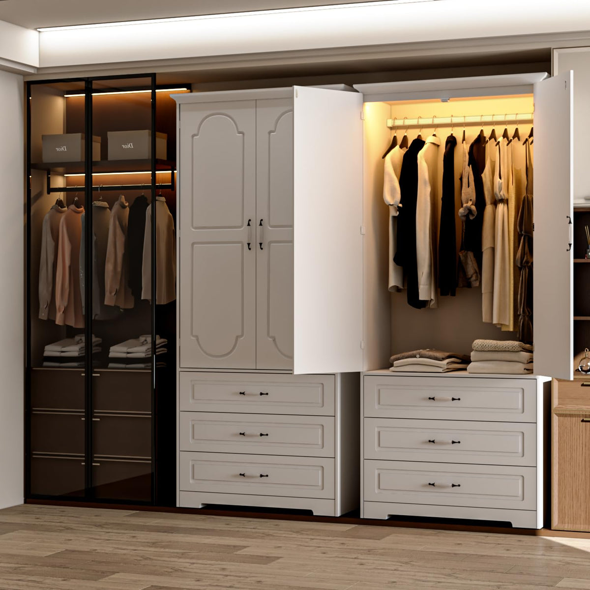White LED Wardrobe with 3 Drawers