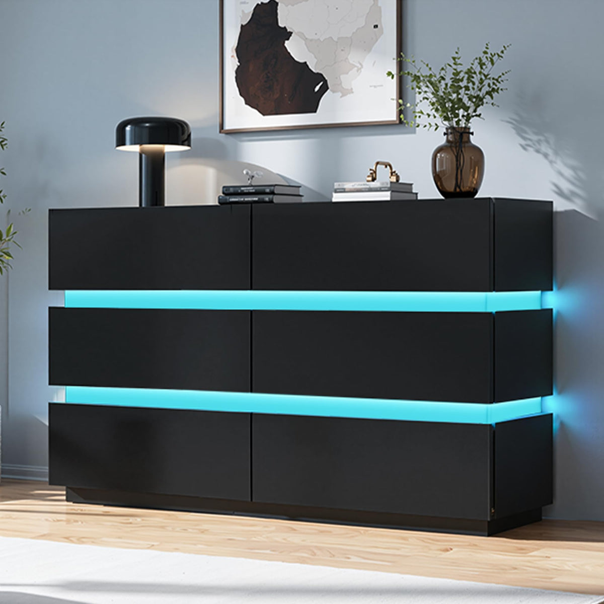 Jocoevol 6 Drawer Dresser with LED Lights, Modern Black Dresser for Bedroom