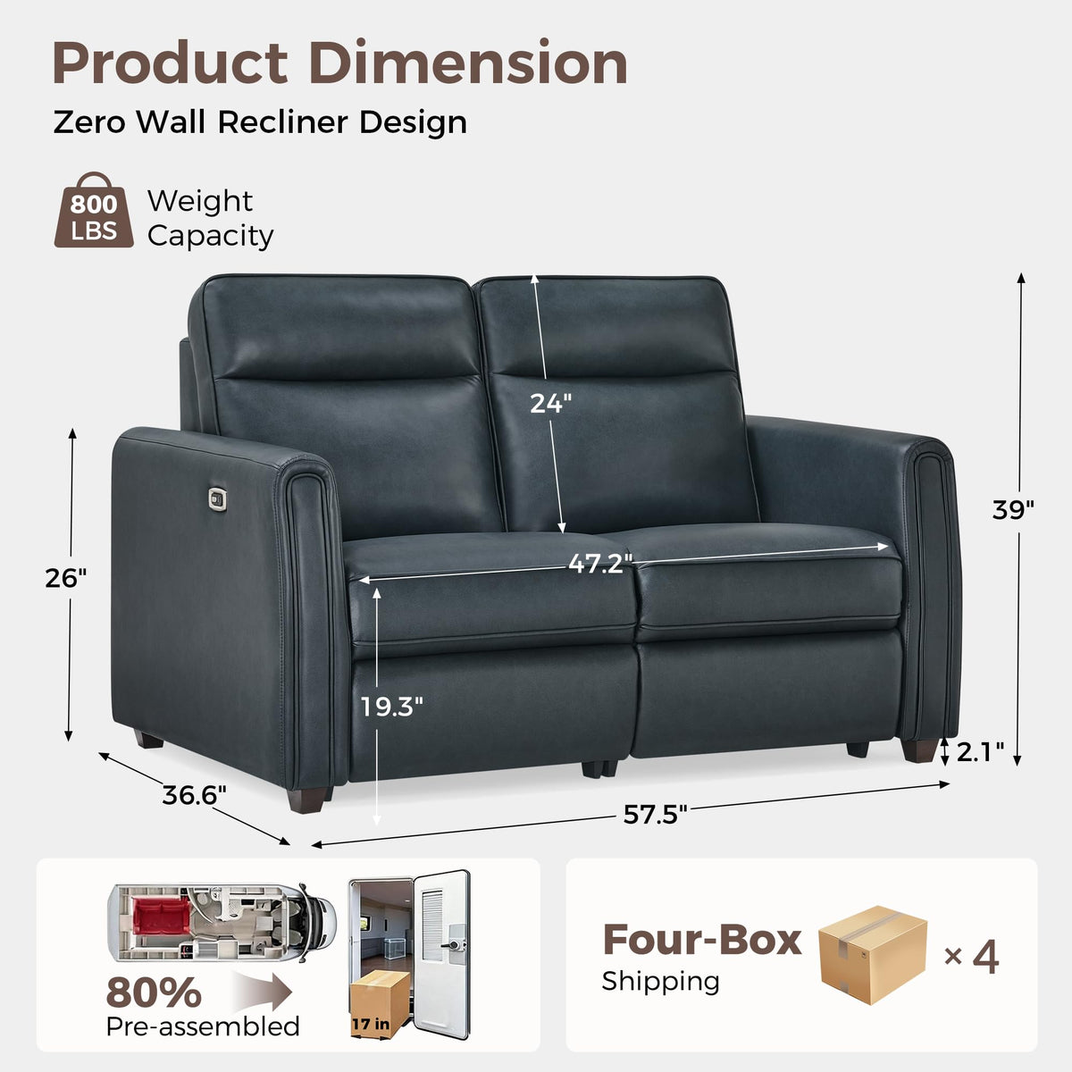 KISLOT Zero Wall Power Loveseat Recliner Sofa,Wall Hugger Faux Leather Recliner Couch with Comfortable Backrest,High Wood Leg USB & Type C Dual Charge Ports for Living Room,RV or Small Spaces,Blue