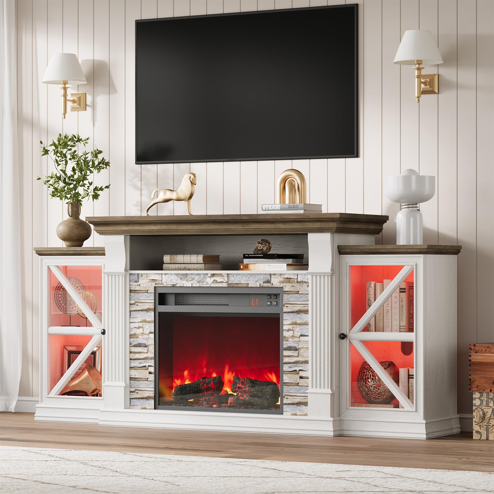 70" Electric Fireplace TV Stand with Glass Barn Doors