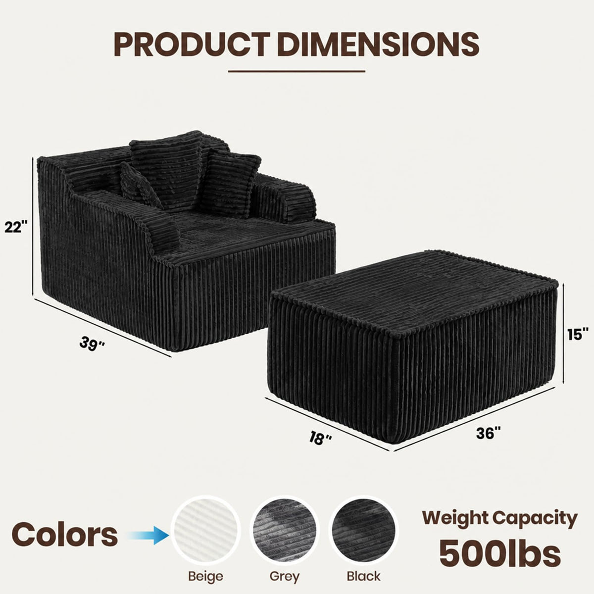 NLDD Corduroy Chaise Lounge Chair with Detachable Ottoman, Convertible Modular Reading Chaise Lounge, High-Density Foam Single Person Relaxation Chair for Living Room,Apartment,Small Spaces