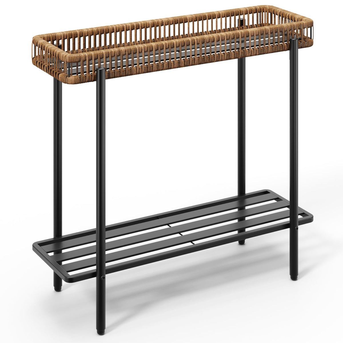 Mugovelo Metal Plant Stand with Rattan, Window Plant Rack Indoor Outdoor