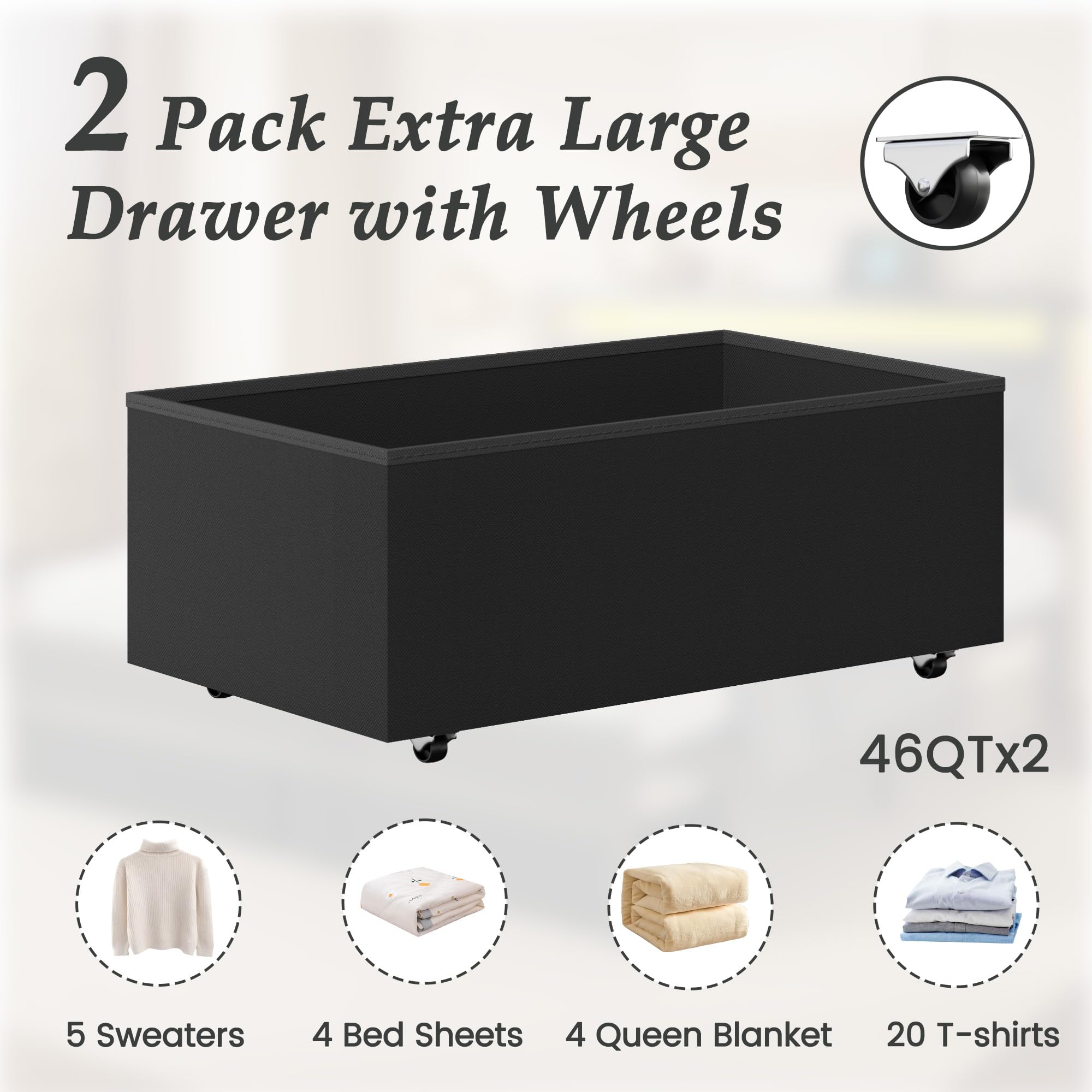 HISOFT Queen Bed Frame with Storage, Wood Headboard with Fast Charging Station, LED Lights, Platform Bed Frame Queen Size, Fabric Drawers with Wheels, No Box Spring Needed, Noise Free, Black
