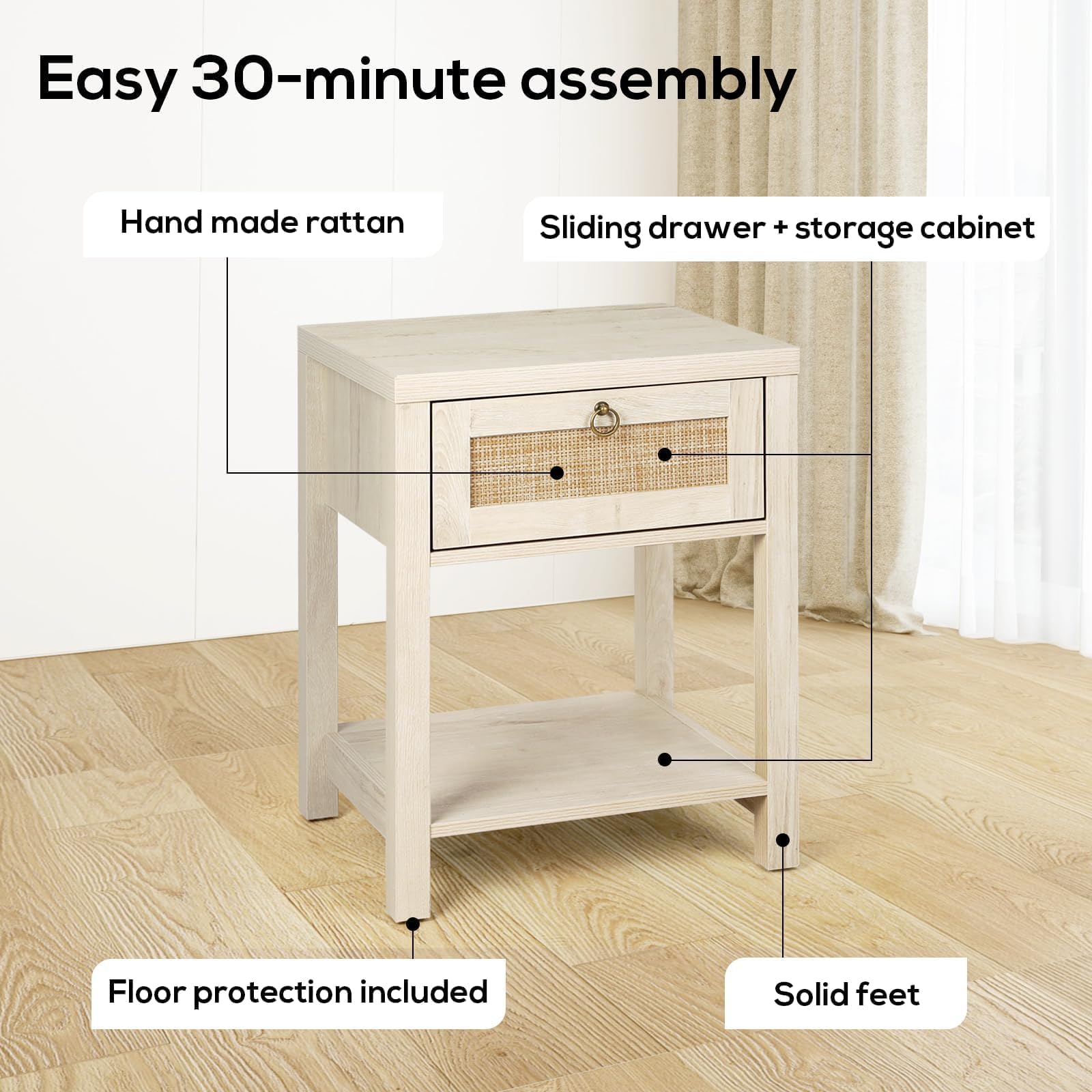 VOWNER Rattan Nightstands Set of 2 - Farmhouse Bedside Table Night Stand with Drawer and Storage Shelf, Boho End Side Table for Bedroom, Mesitas De Noche para Dormitorio, Light Oak