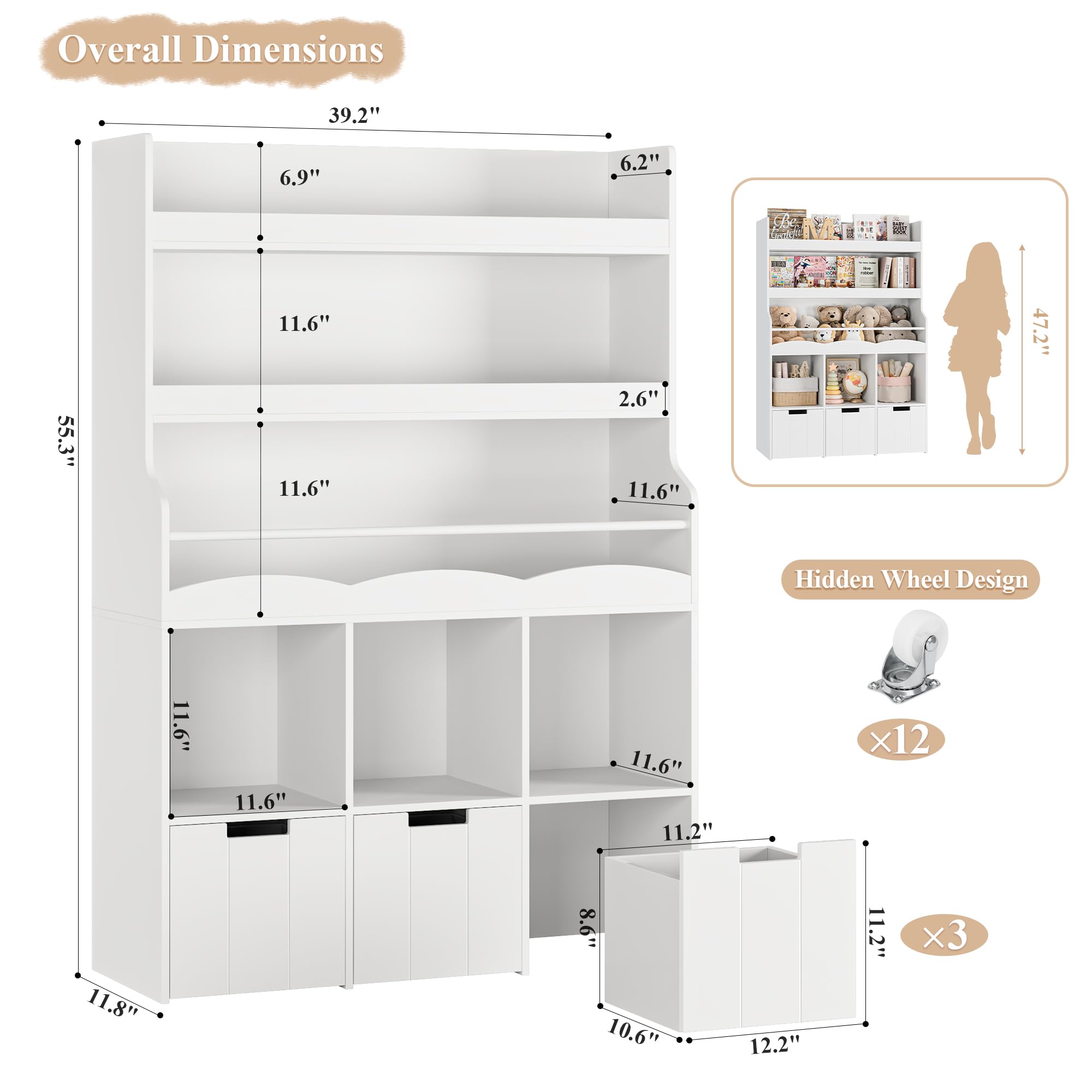 HITHOS 55.3" H Kids Bookshelf with Toy Storage Organizer, Tall Book Shelf with 3 Movable Toy Storage Bins, Large Kids Bookcase with Toy Chest, 39.2" W Modern Toy Box for Kid Room, Playroom, White