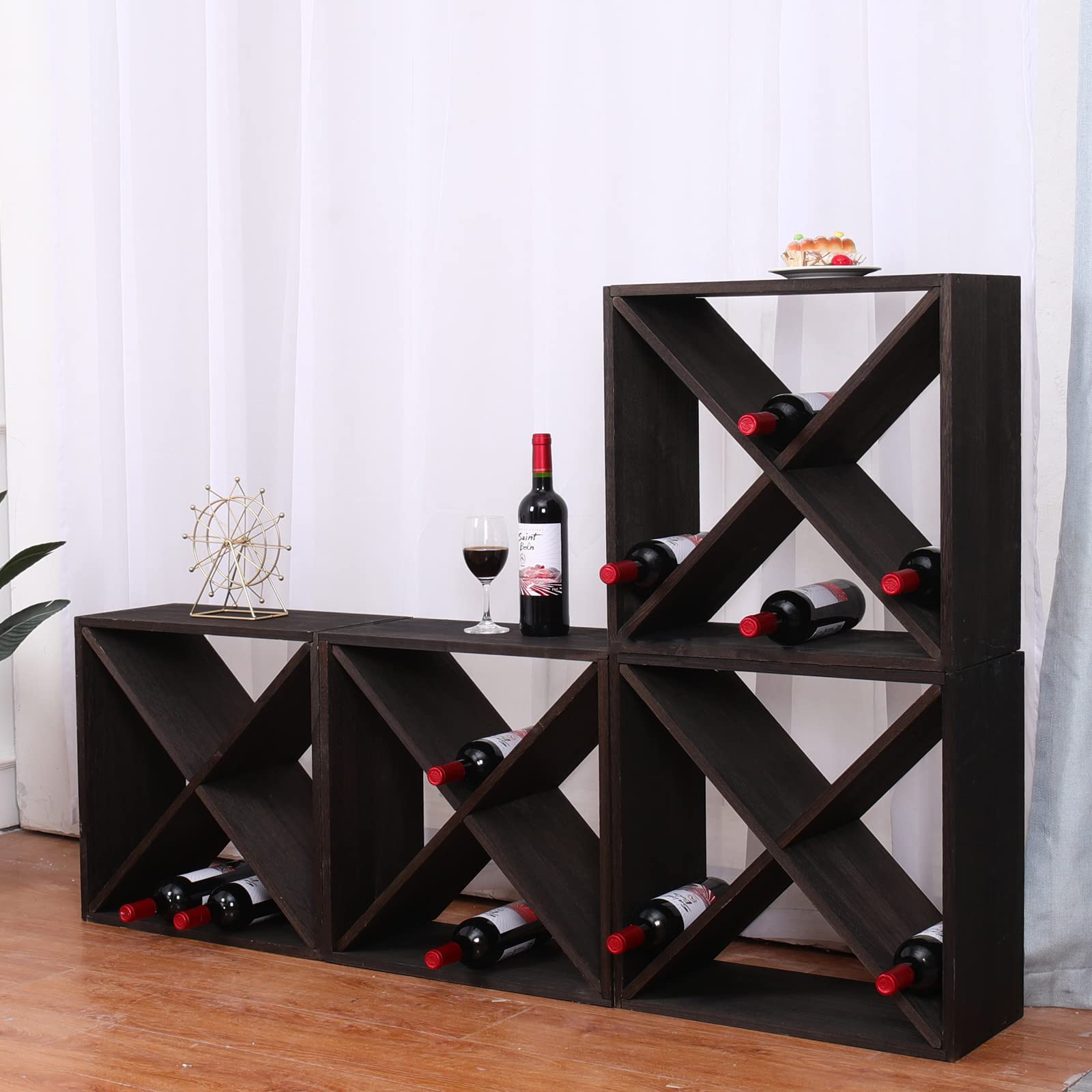 FDHUIJIA Wine Rack Cabinet countertop Wooden Stackable Storage Retro Cube freestanding Floor Wine Bottle Holder Stand(96BottleBlack)
