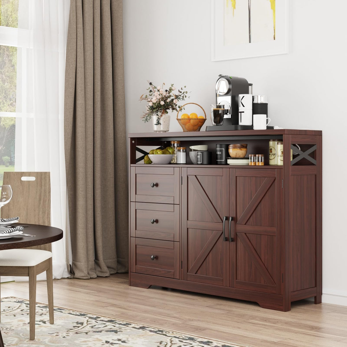 Dark Brown Farmhouse Storage Cabinet with Doors & Drawers