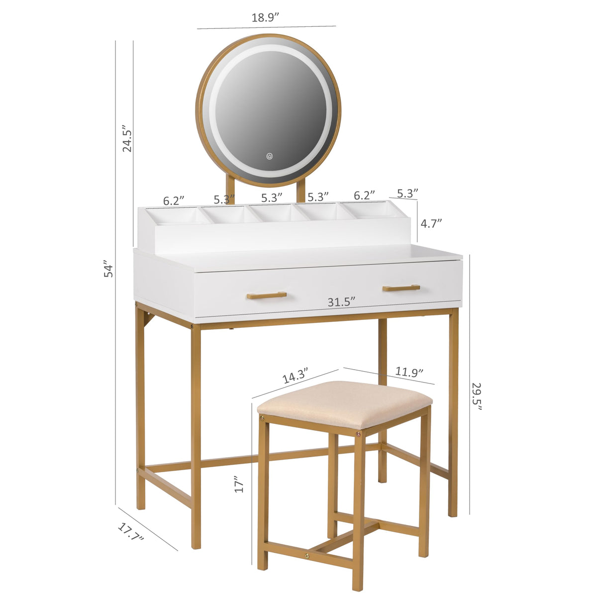 UTEX Makeup Vanity Desk Set with Mirror and Lights White and Gold